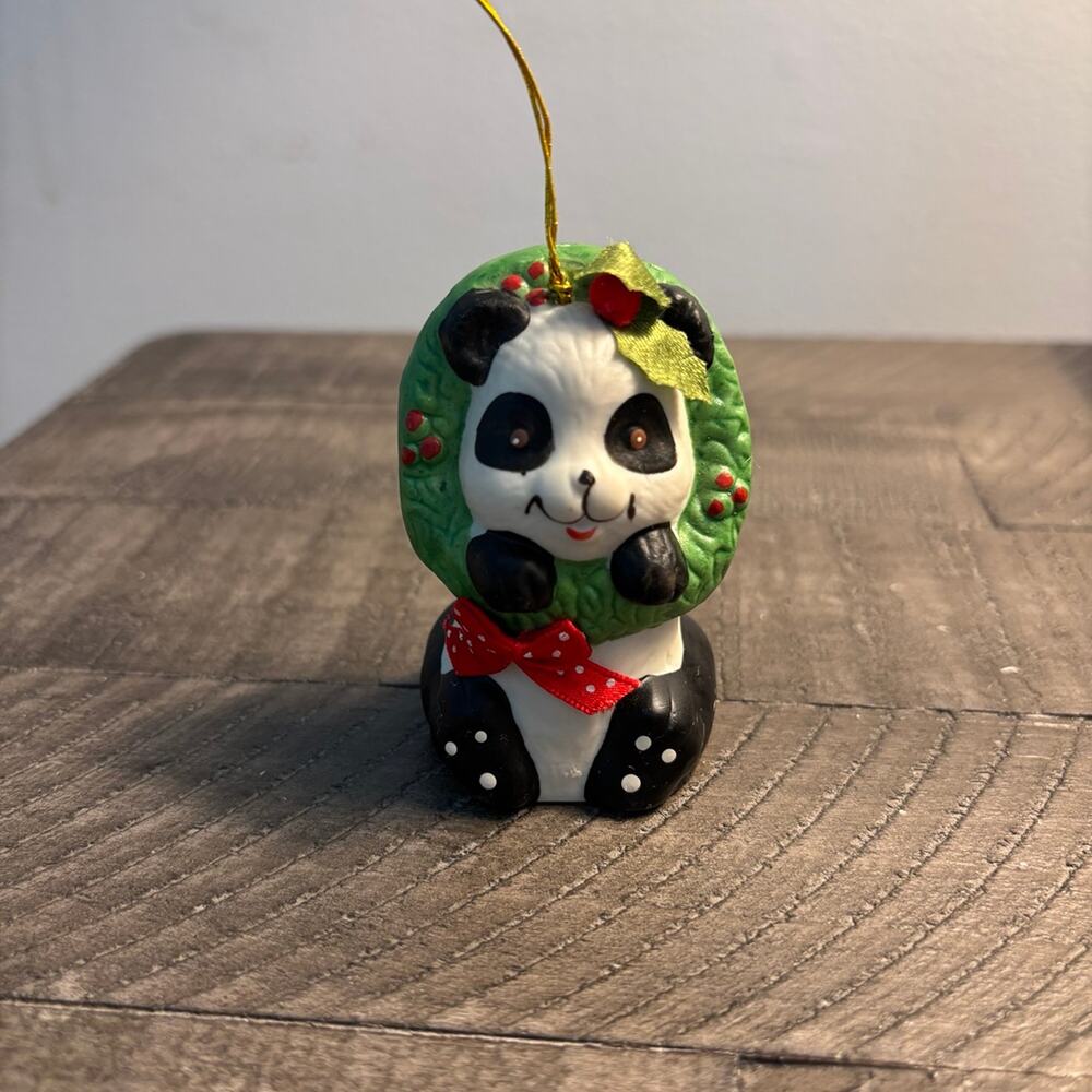 1986 Giftco Hand Painted Panda Bear Bell Christmas Ornament